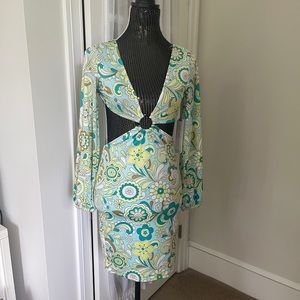 Green, blue, teal paisley print cut out dress